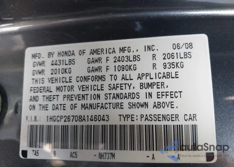 2008 Honda Accord 2.4 Ex from USA, damaged, VIN 1HGCP26708A146043